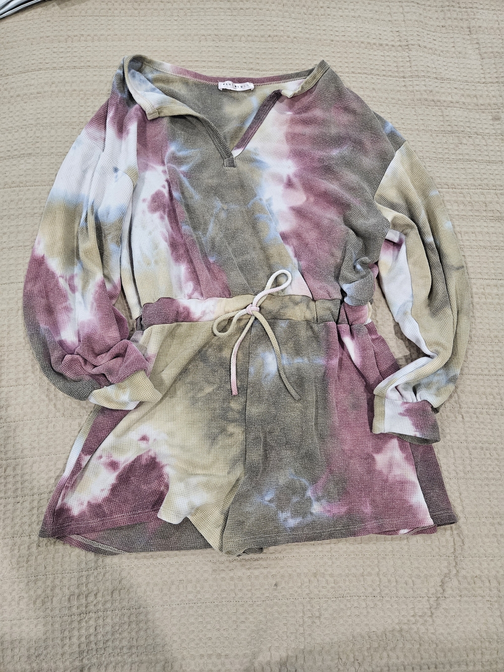 Blue Blush Tie-Dye Waffle Knit One-Piece Romper in Mauve, Olive & Cream